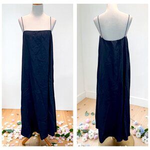 Massimo Dutti Blue Limited Edition Pleated Neckline Maxi Dress Sz M Linen Blend